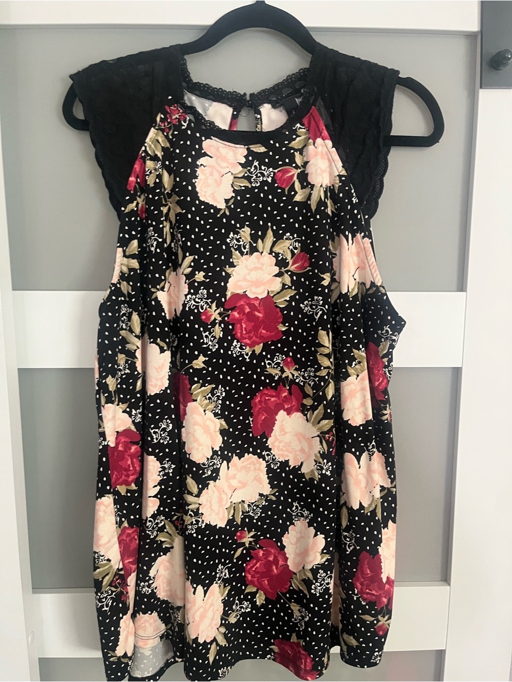 torrid Black Top with Red and Cream Floral Accent